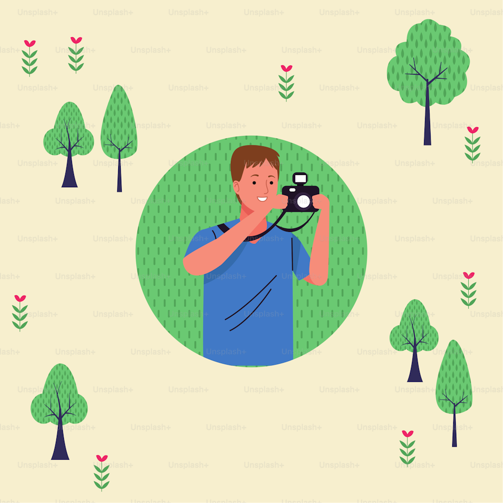 カメラ写真キャラクターベクターイラストデザインを使用する若い観光客の男性