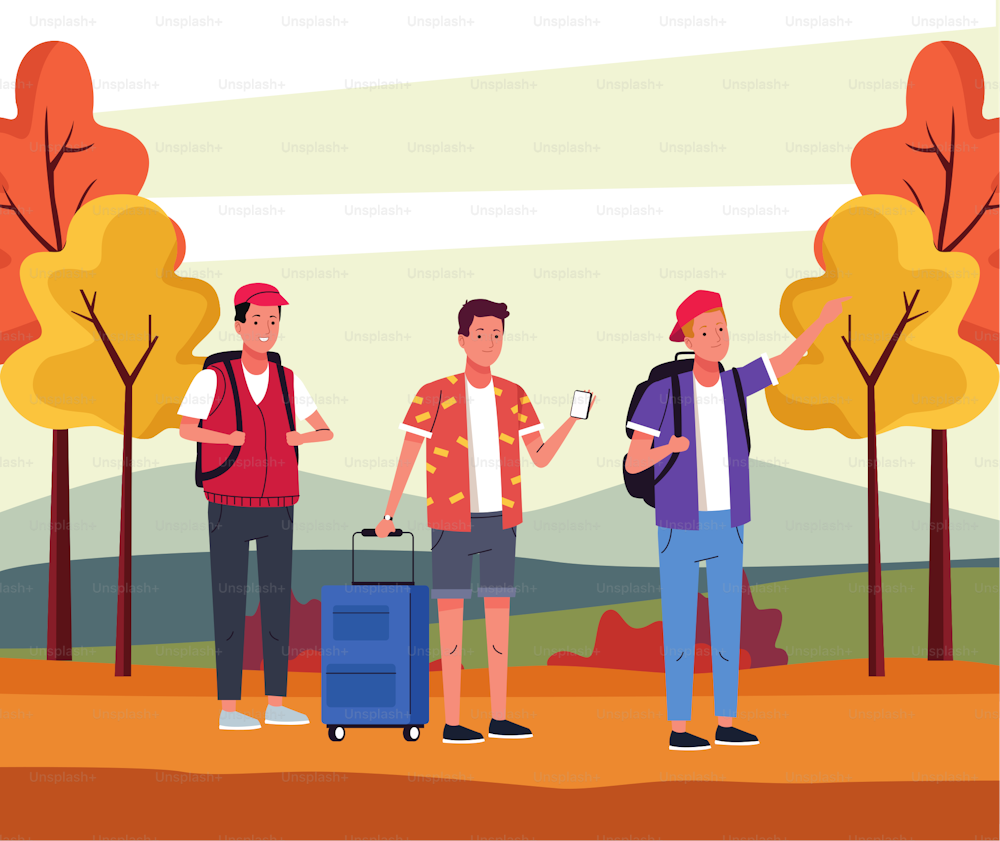 group of tourists men doing activities in the autumn landscape vector illustration design