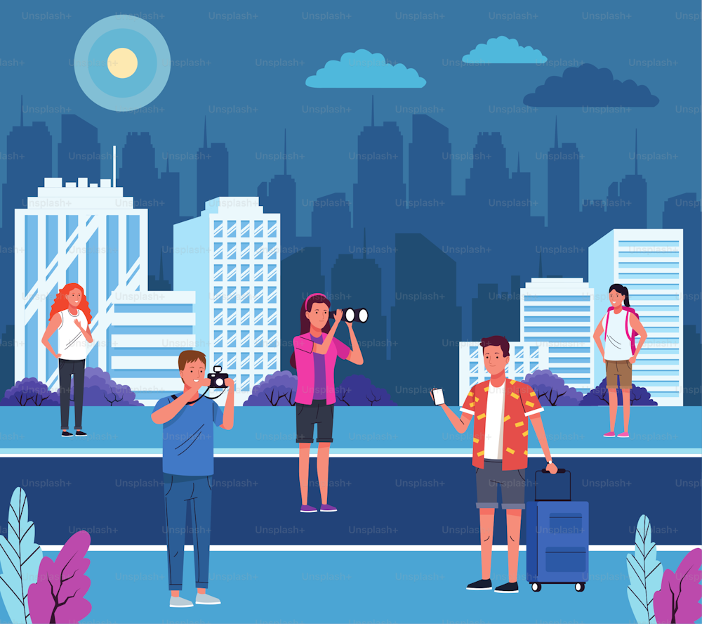 group of tourist people doing activities on the city vector illustration design