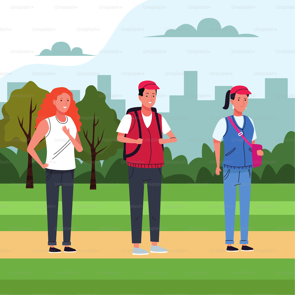 group of tourist people doing activities in the field vector illustration design