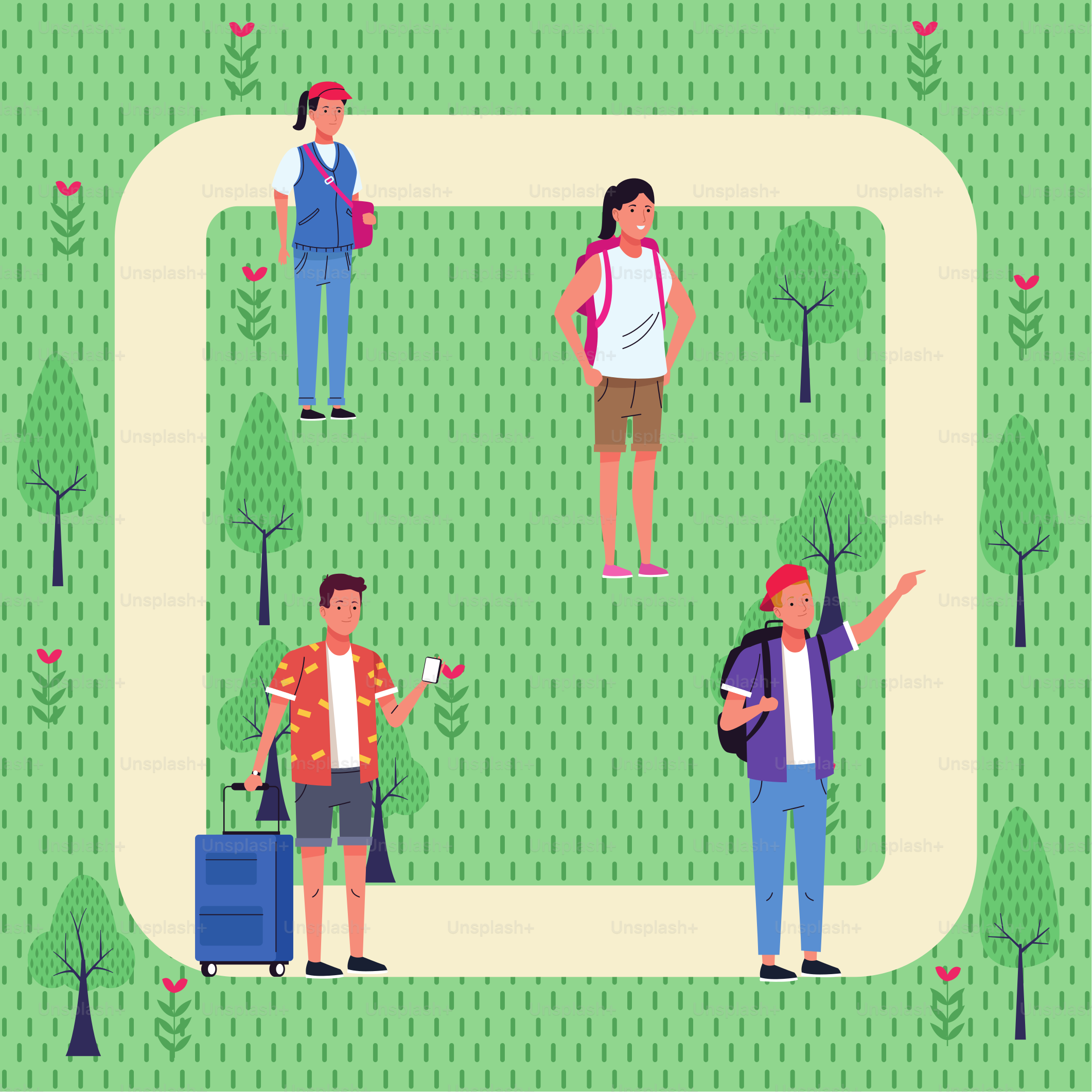 group of tourist people doing activities in the park vector illustration design