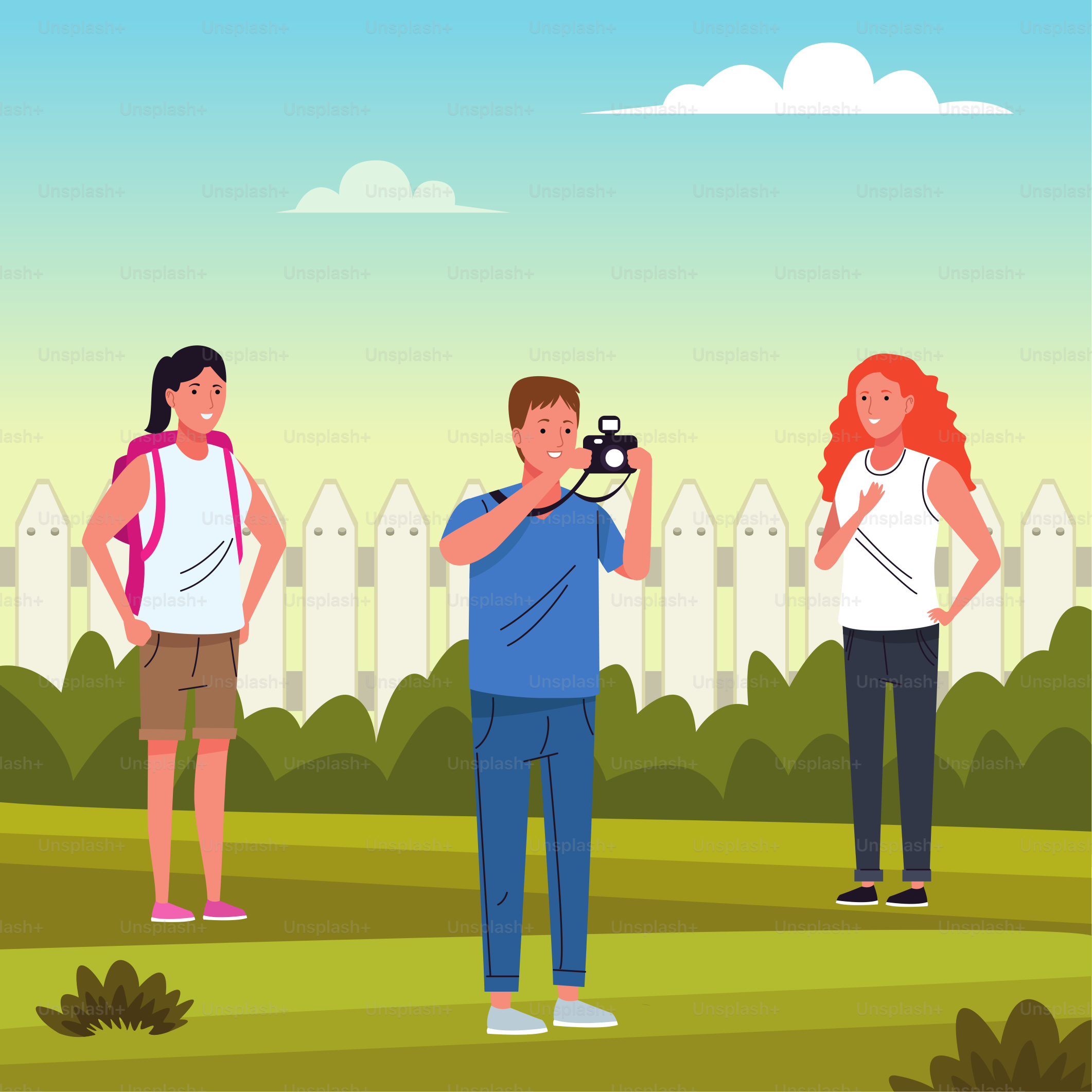 group of tourist people doing activities in the field vector illustration design