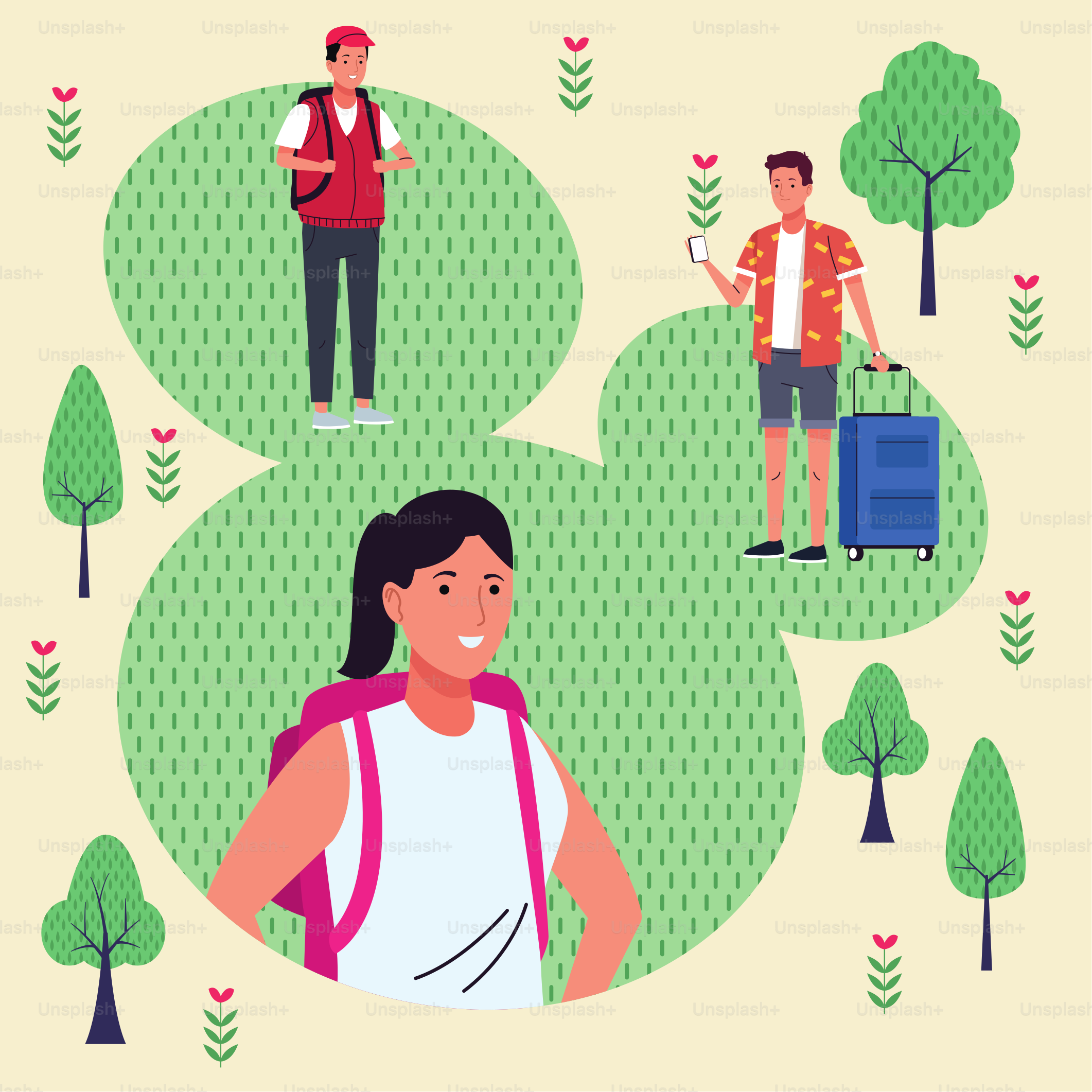 group of tourist people doing activities in the park vector illustration design