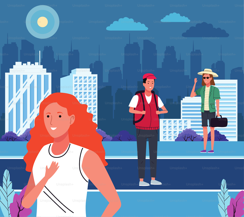group of tourist people doing activities on the city vector illustration design