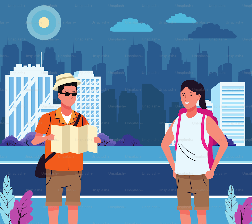 couple of tourists doing activities on the city scene vector illustration design