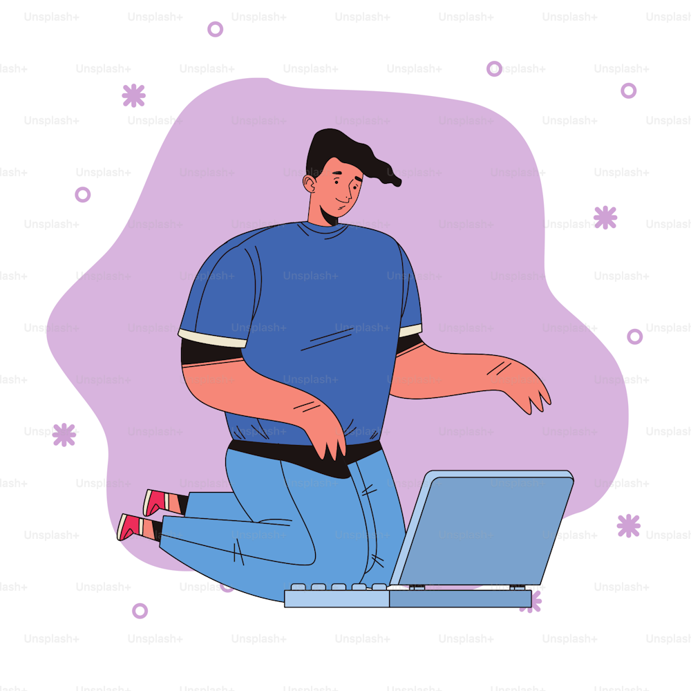 young man using laptop avatar character vector illustration design