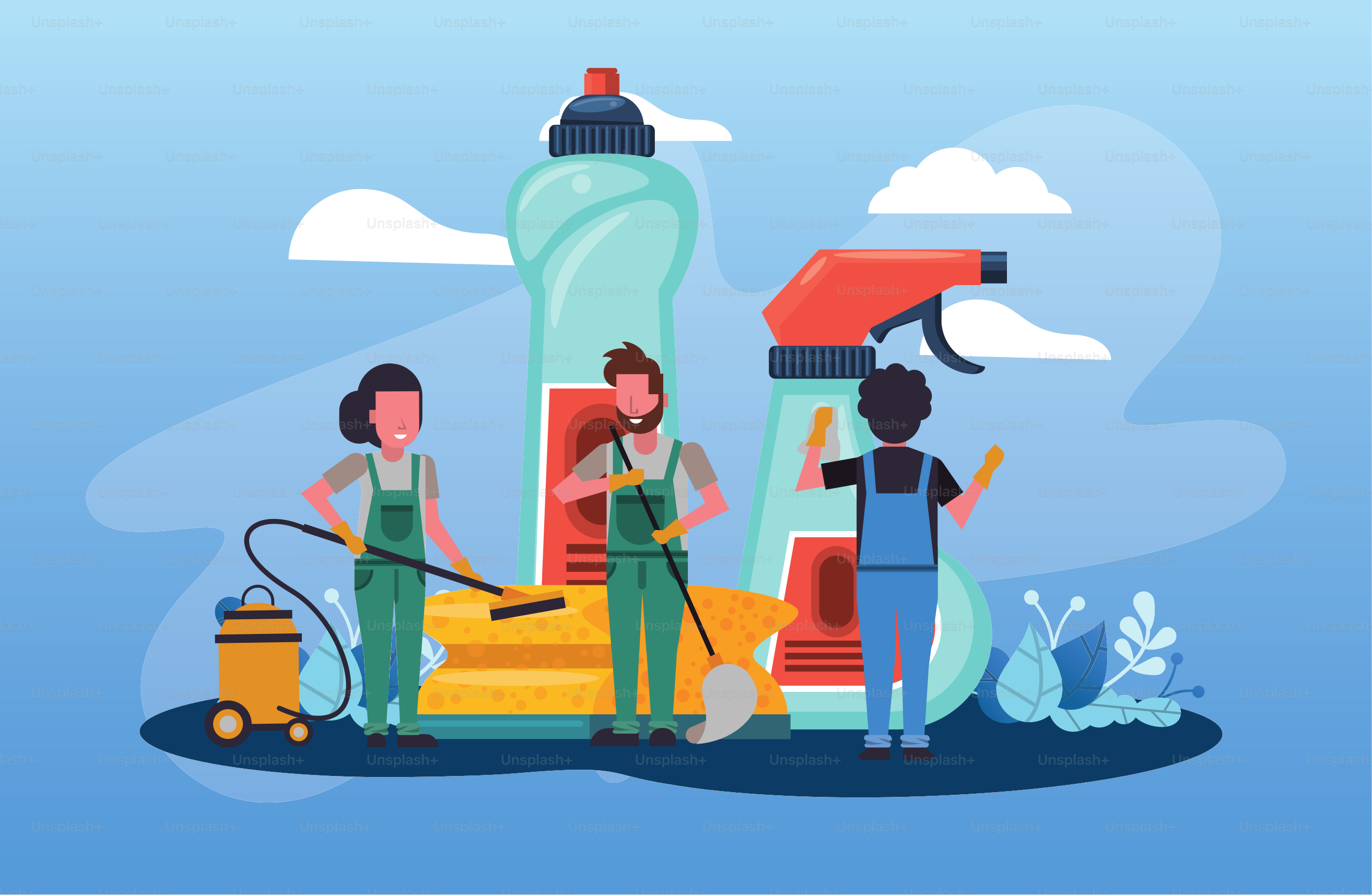 people working with housekeeping tools disinfect your house vector illustration design