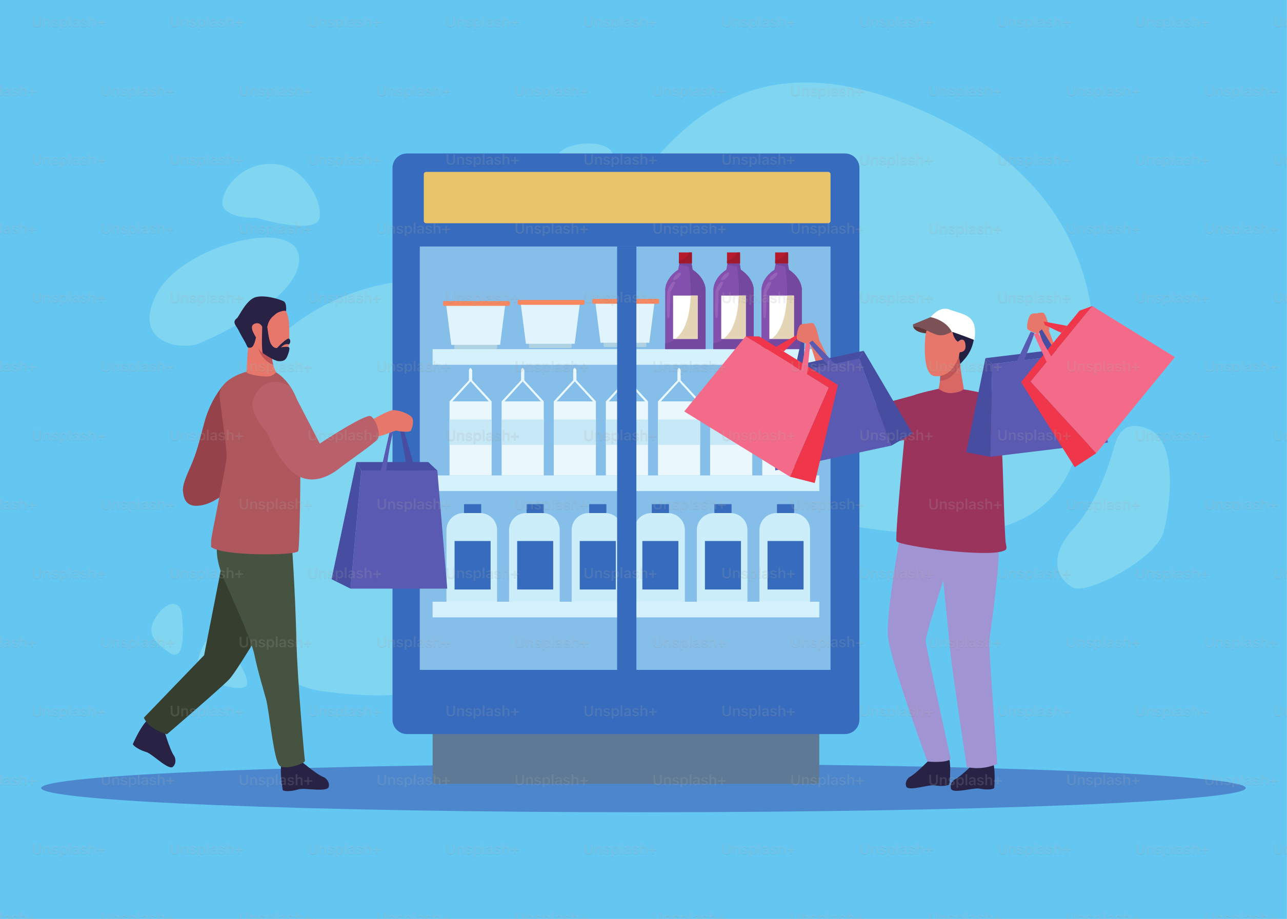 young men shopping groceries activity characters vector illustration design