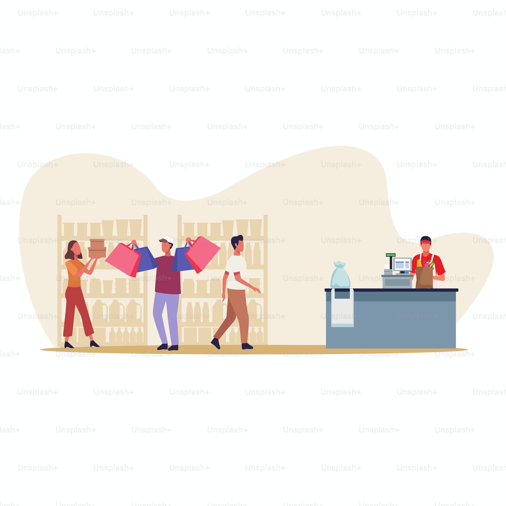 young couple shopping groceries activity characters vector illustration design