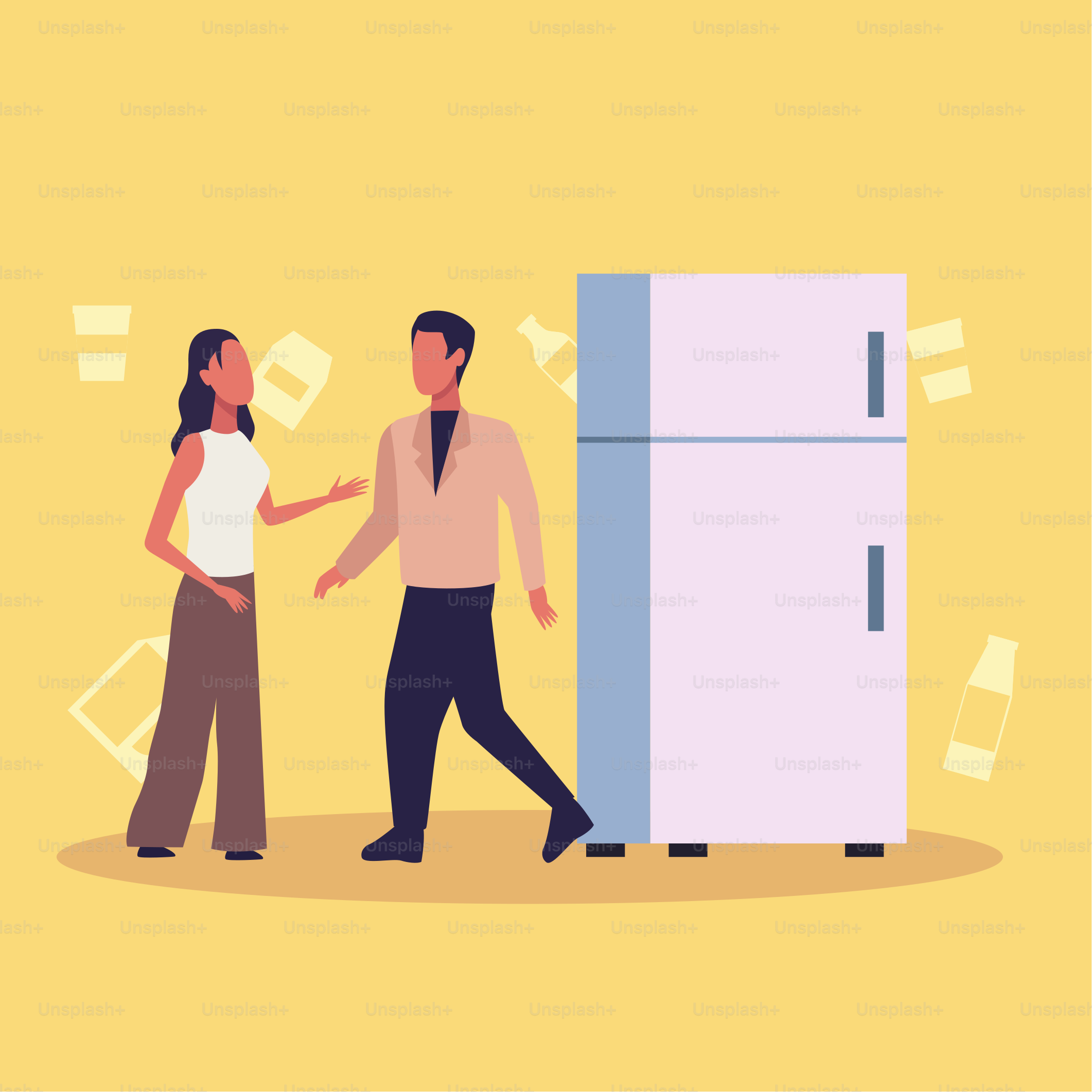 young couple shopping fridge activity characters vector illustration design