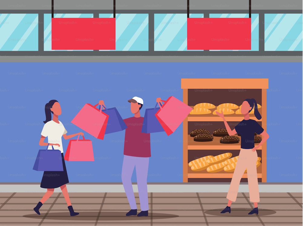 young couple shopping bread activity characters vector illustration design