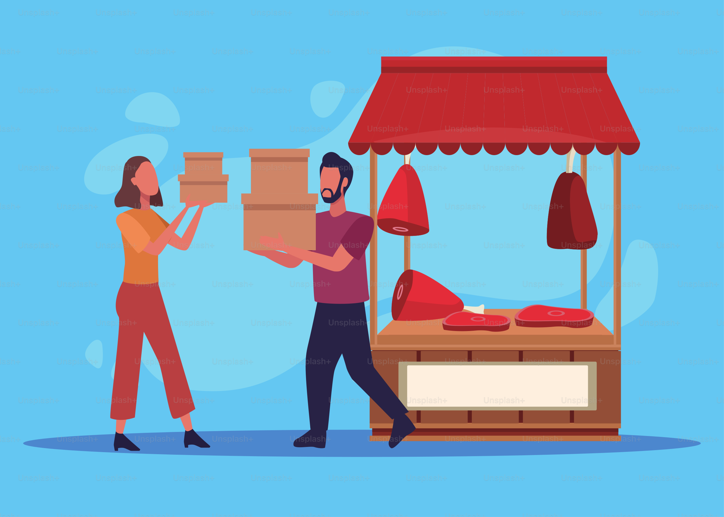 young couple shopping meat activity characters vector illustration design