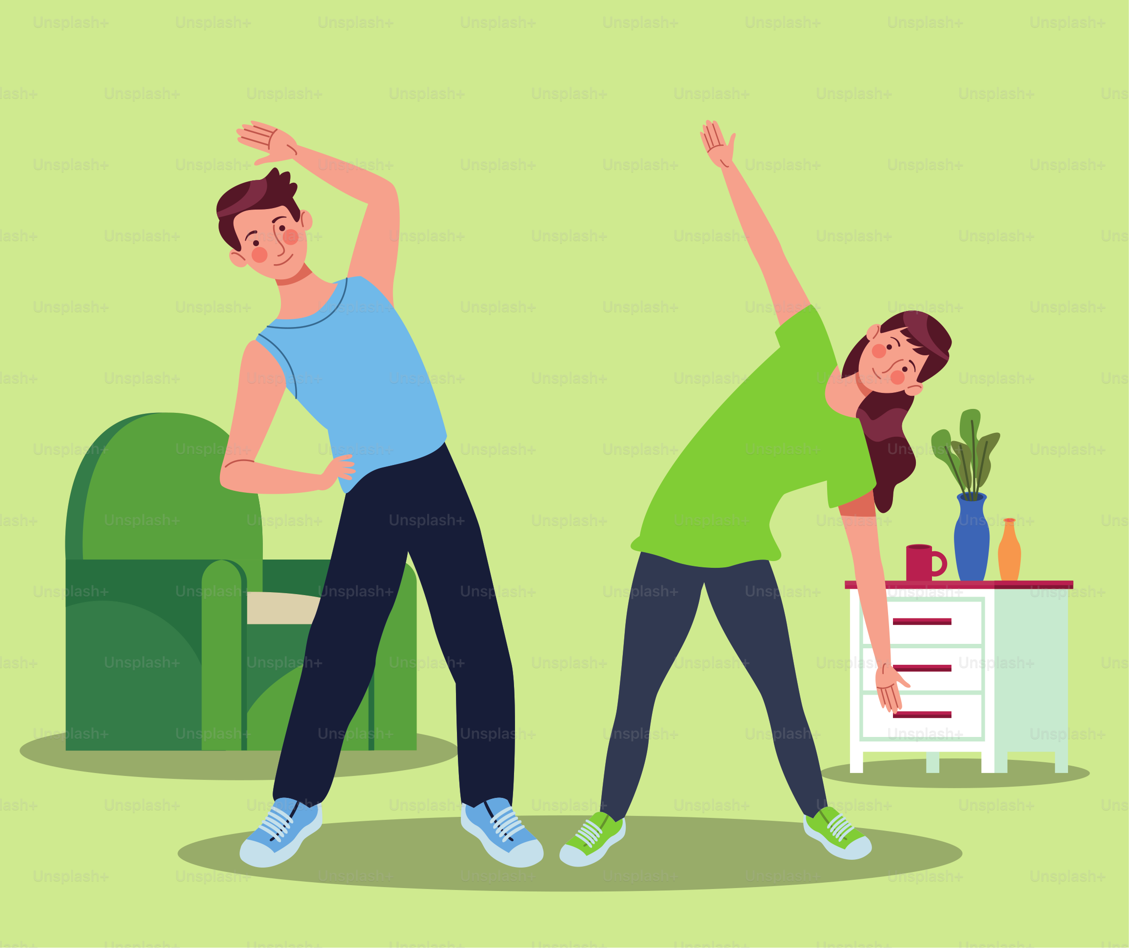 couple practicing exercise in the house vector illustration design