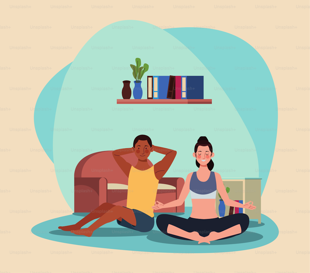 interracial couple practicing exercise in the house vector illustration design