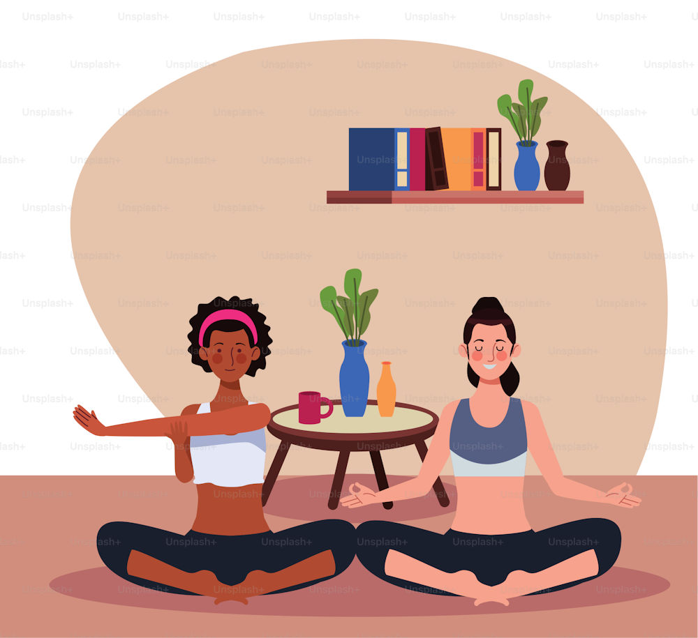 interracial women practicing yoga in the house vector illustration design