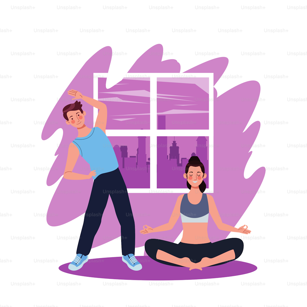couple practicing exercise in the house vector illustration design