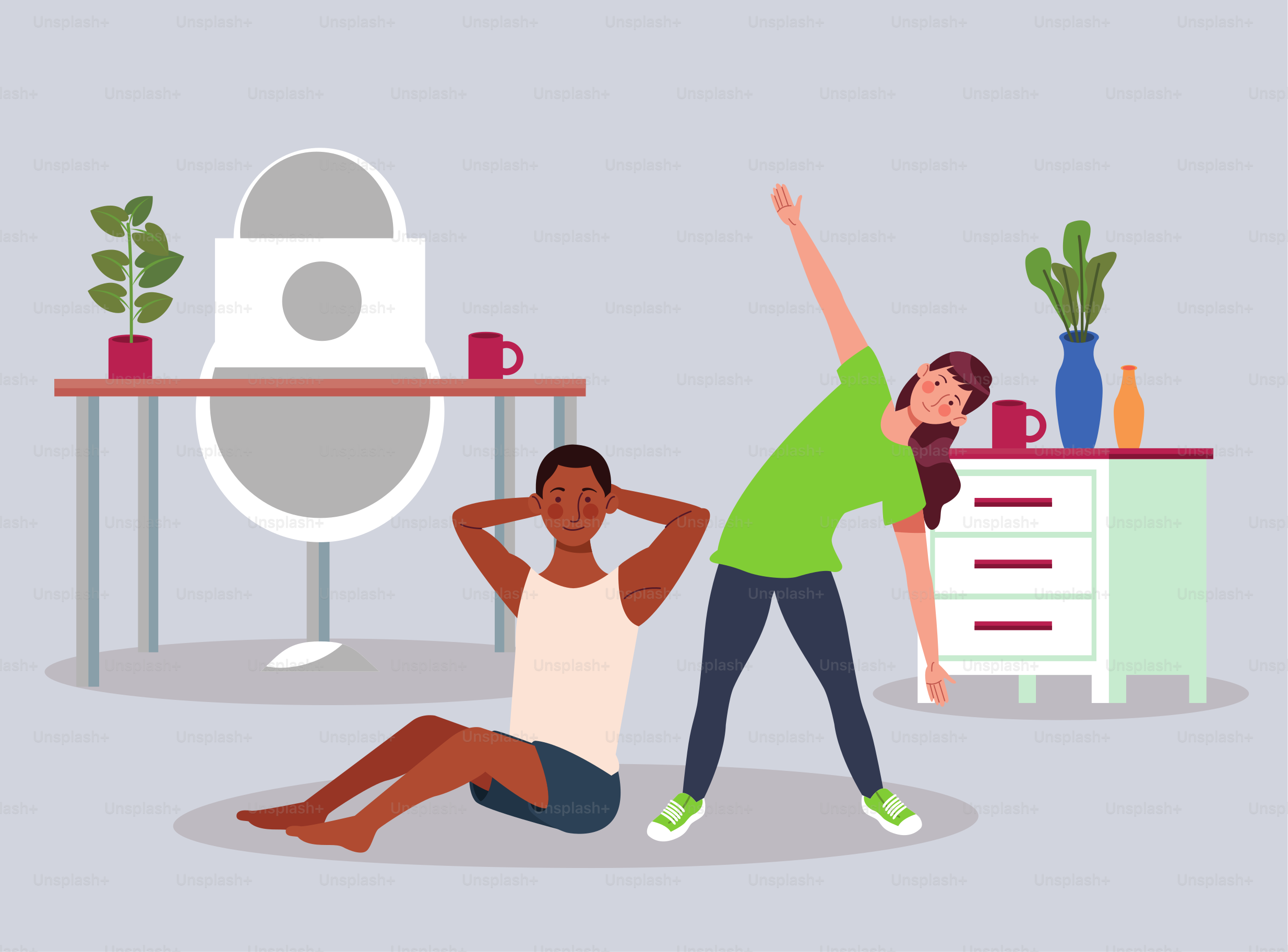interracial couple practicing exercise in the house vector illustration design