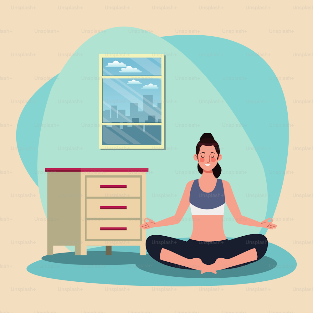 woman practicing yoga in the house vector illustration design