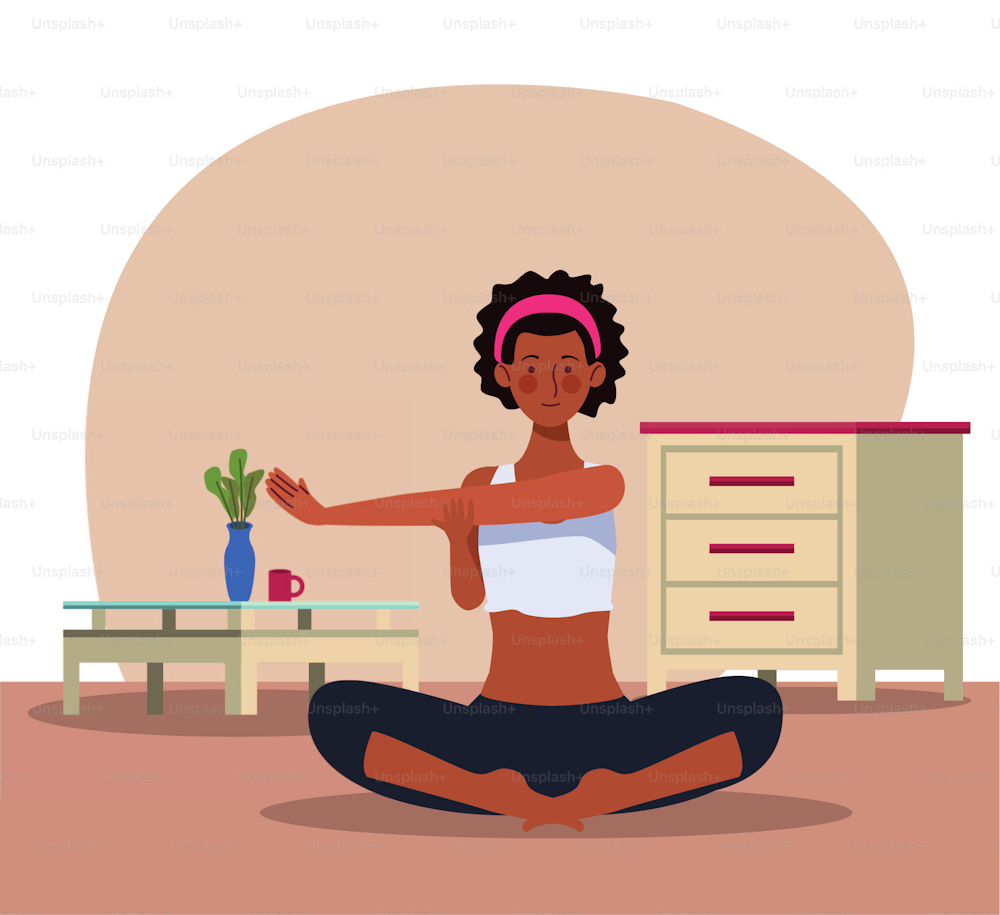 afro woman practicing yoga in the house vector illustration design