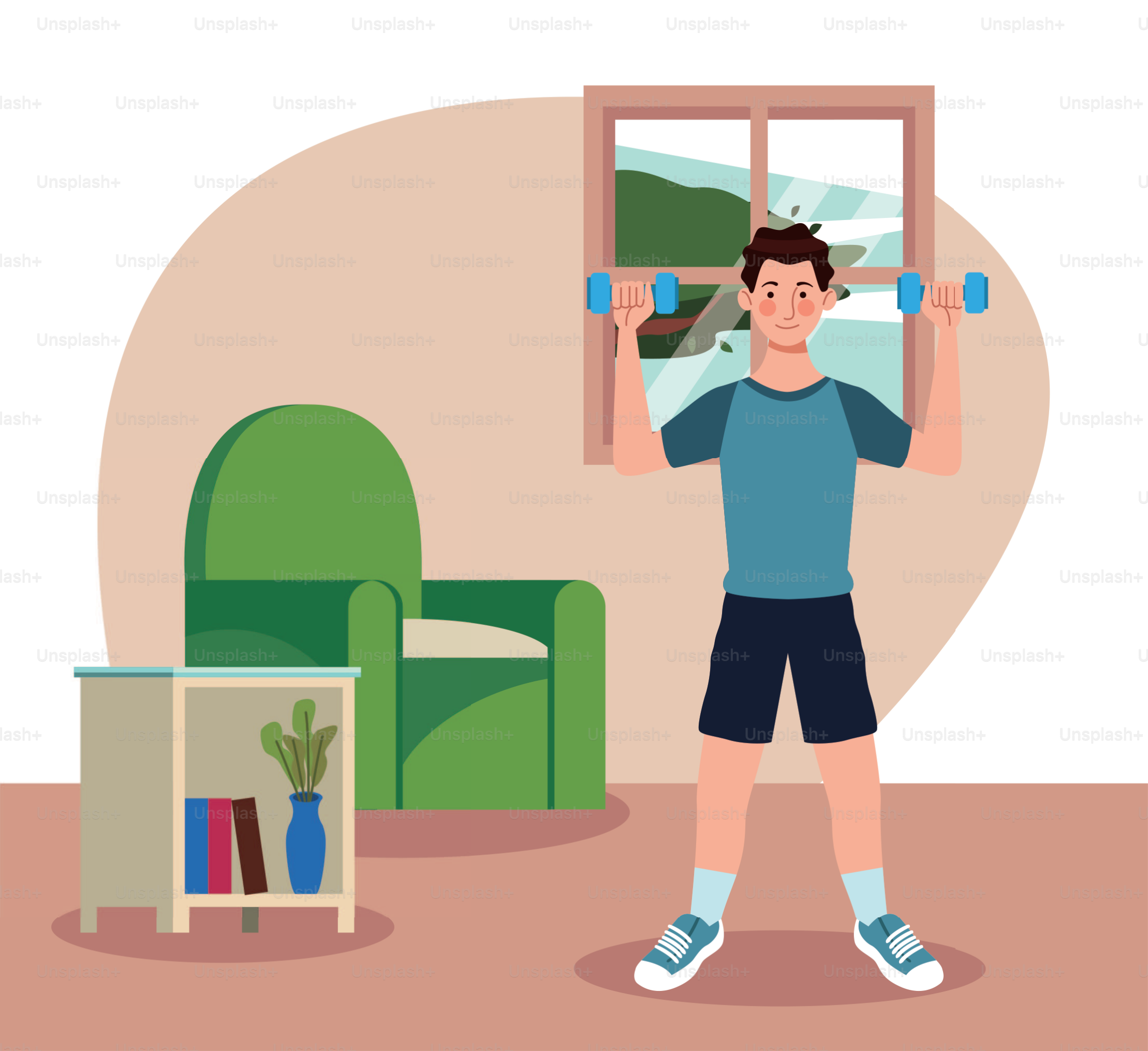 Pria mengangkat halter di rumah desain ilustrasi vektor