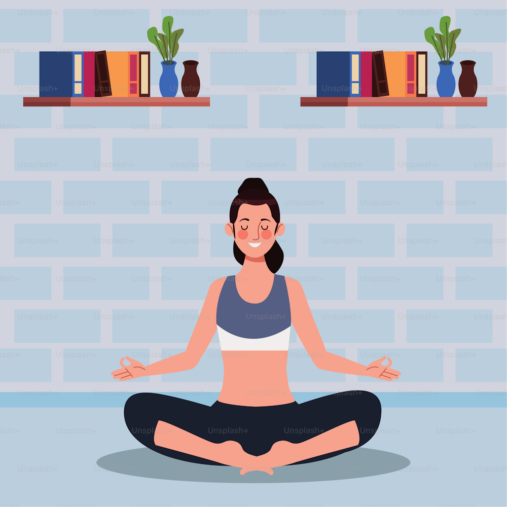 woman practicing yoga in the house vector illustration design