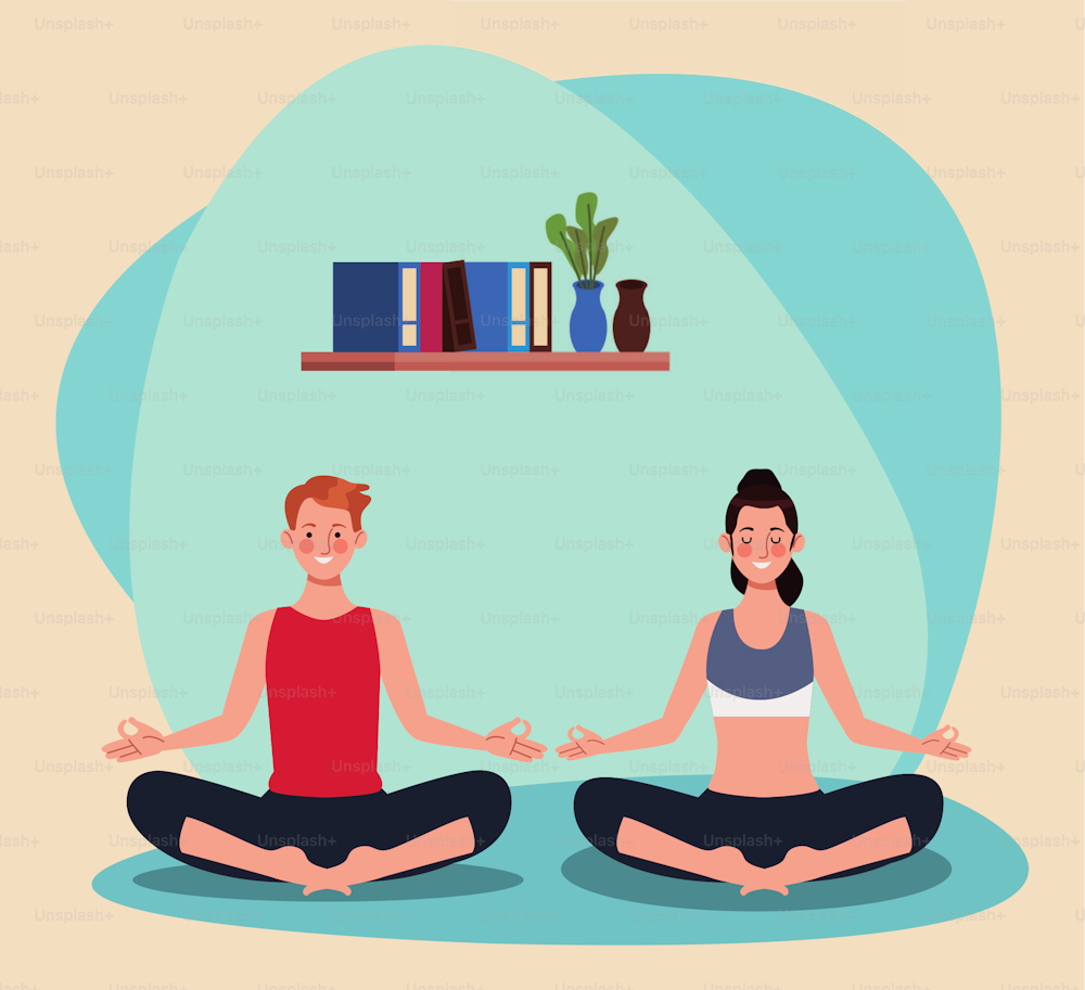 couple practicing yoga in the house vector illustration design
