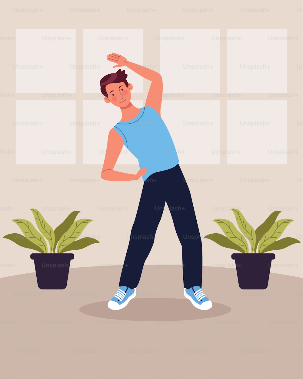 man practicing exercise in the house vector illustration design