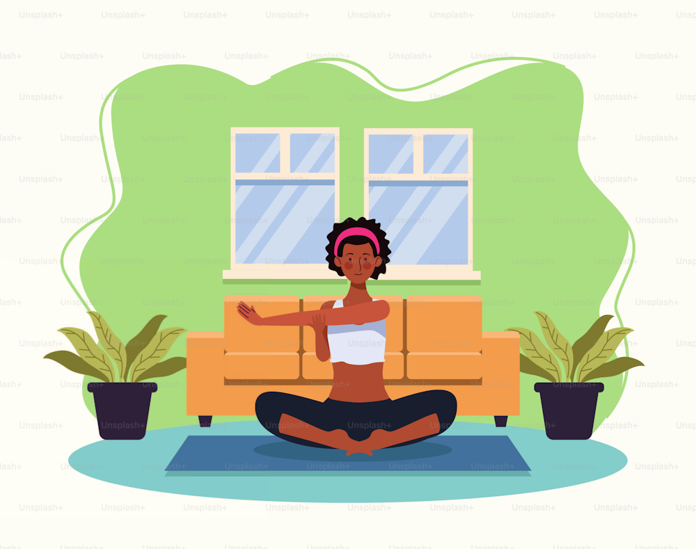 Donna che pratica yoga in casa disegno illustrazione vettoriale