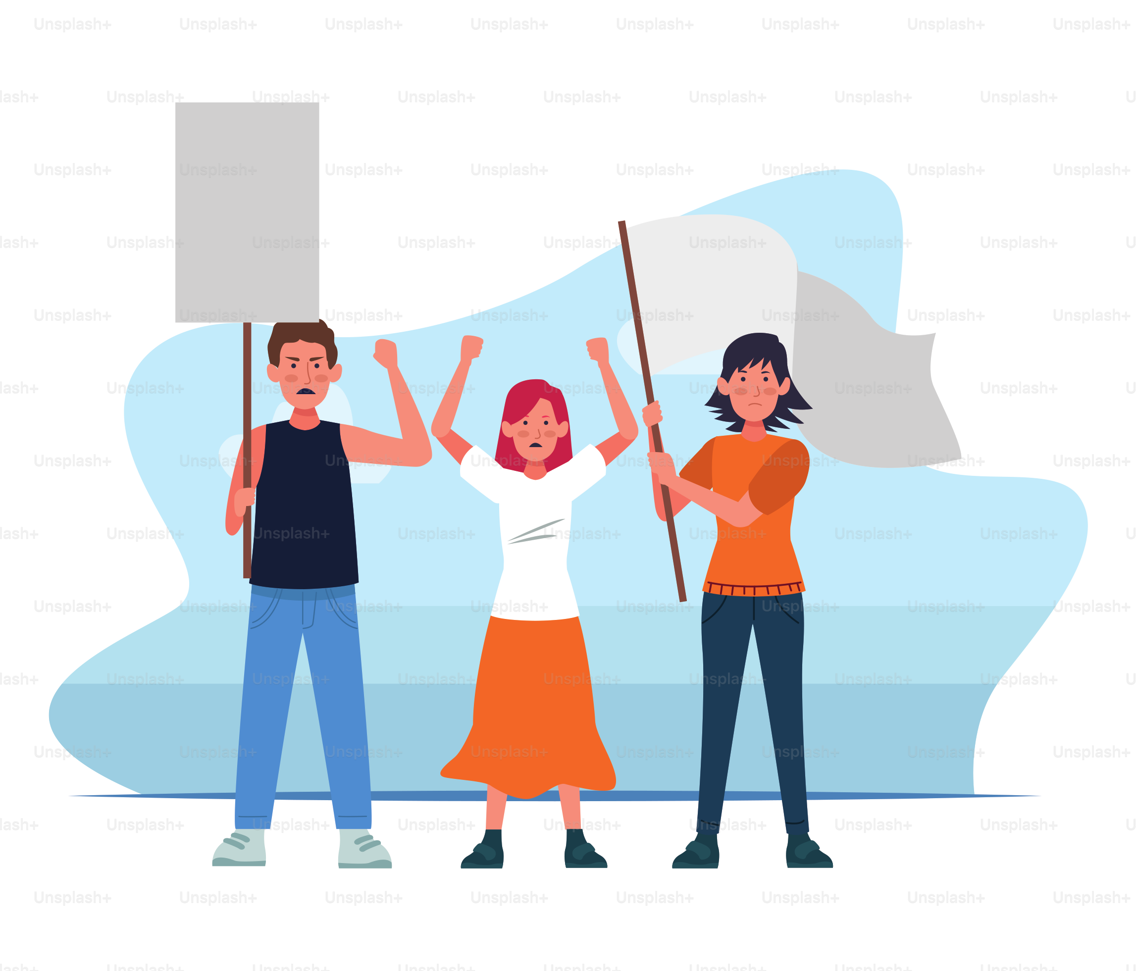 cartoon women and man standing holding a blank signs over white background, colorful design, vector illustration