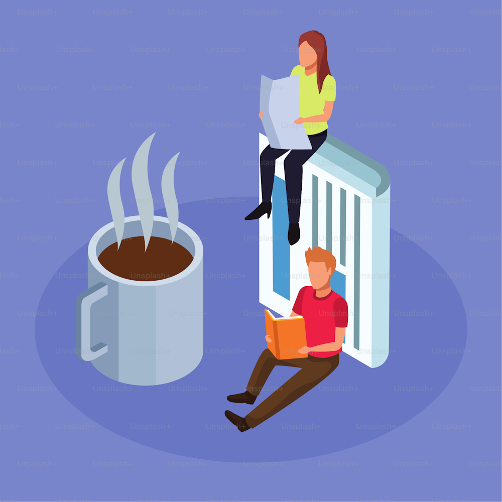 coffee mug and people reading sitting over purple background, isometric and colorful design, vector illustration