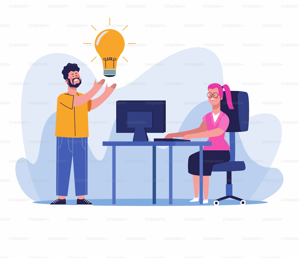cartoon man with bulb and woman working at office desk with computer over white background, colorful design, vector illustration