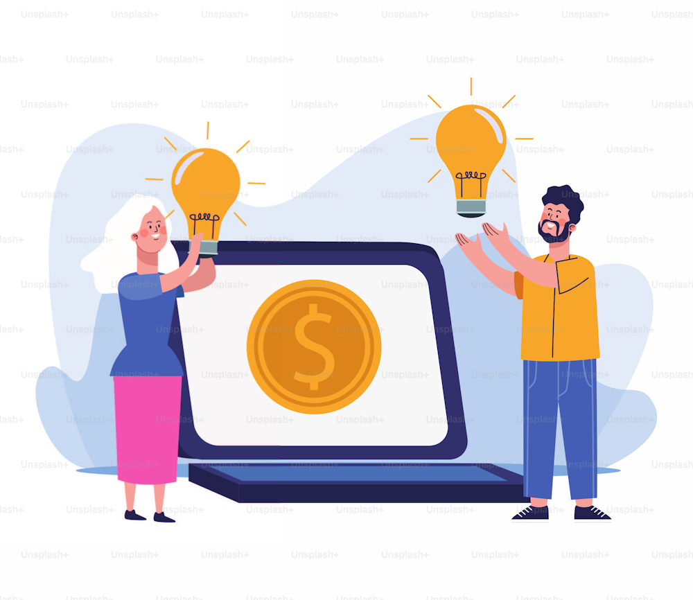man and woman with bulb lights and laptop computer with money coin over white background, colorful design, vector illustration