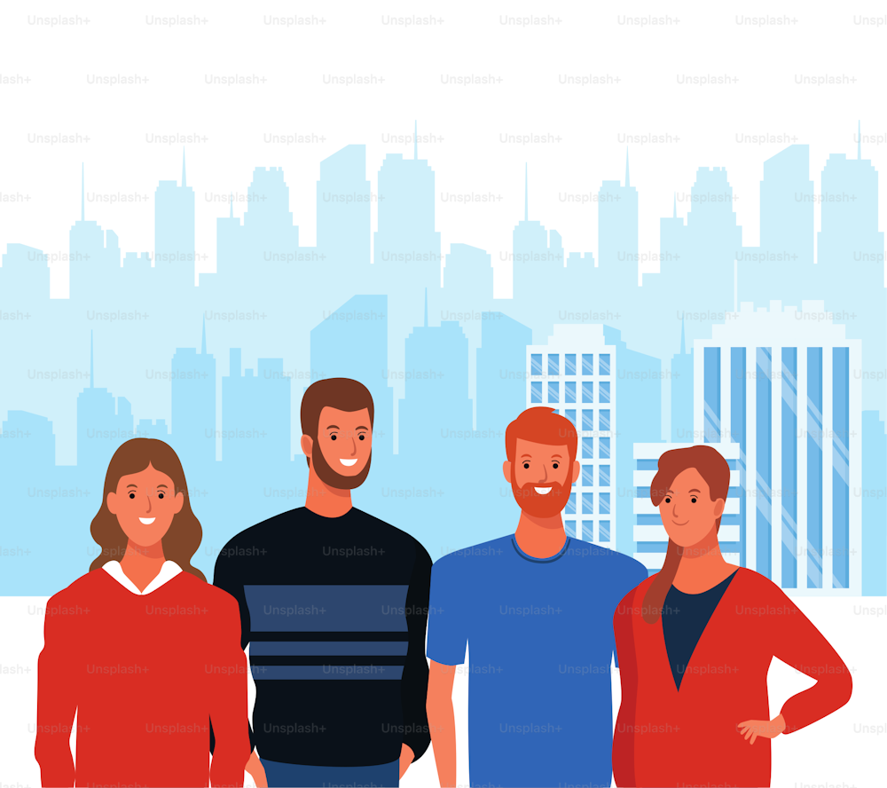 cartoon men and women smiling over urban city landscape background, colorful design. vector illustration