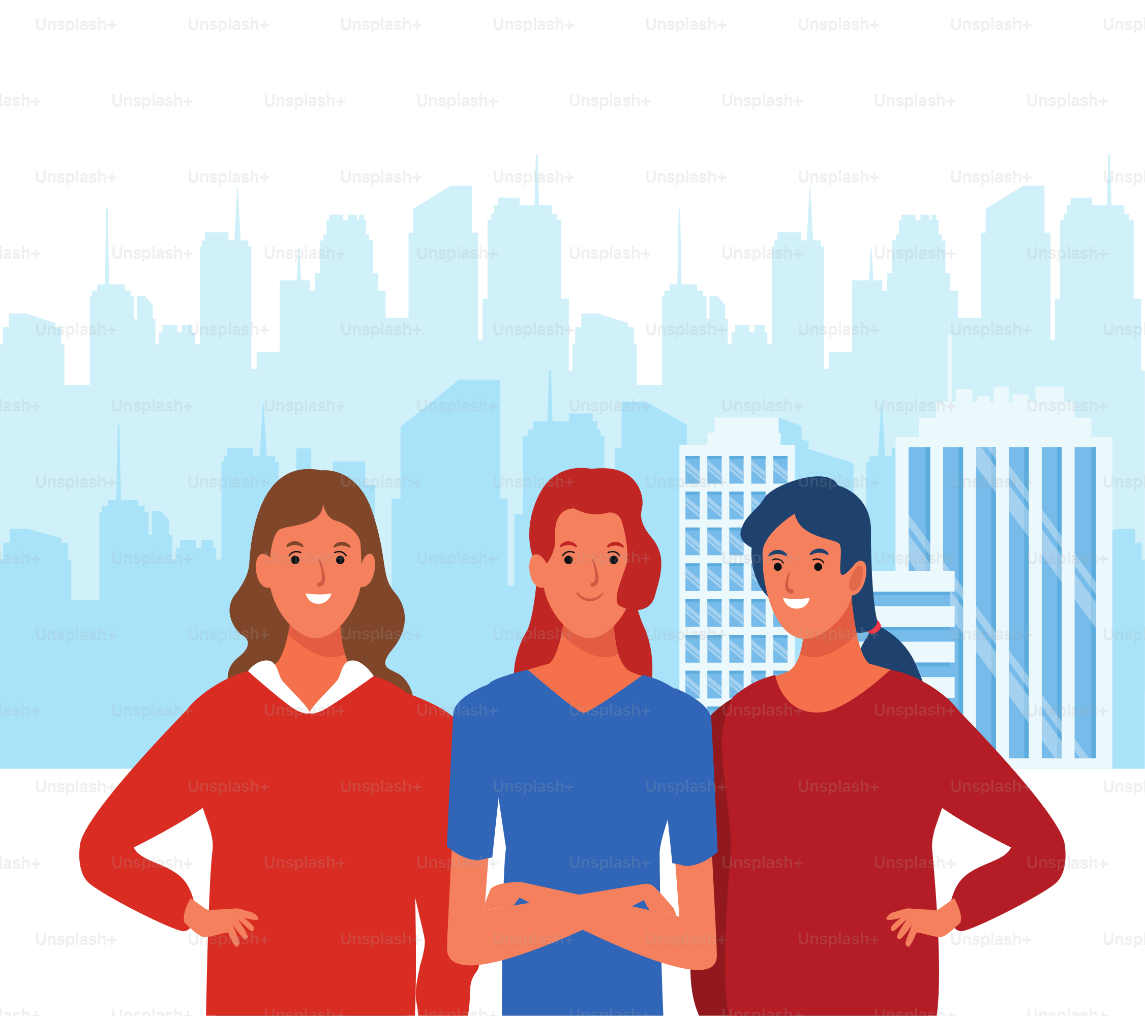 cartoon women smiling over urban city landscape background, colorful design. vector illustration