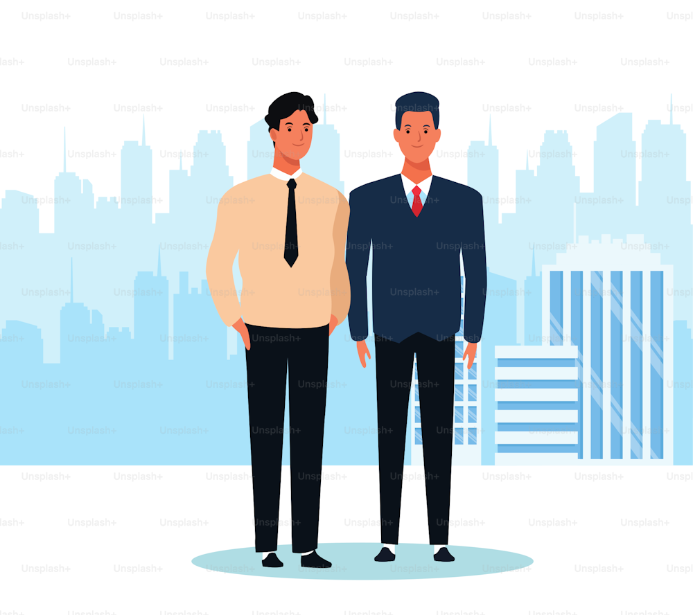 都市の風景の背景に立つ漫画の2人の男性、カラフルなデザイン。ベクターイラスト