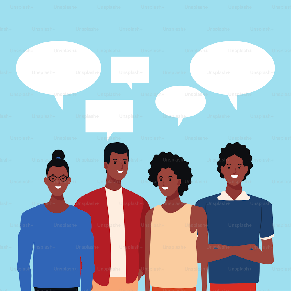 speech bubbles on top of cartoon afro friends standing over blue background, colorful design. vector illustration