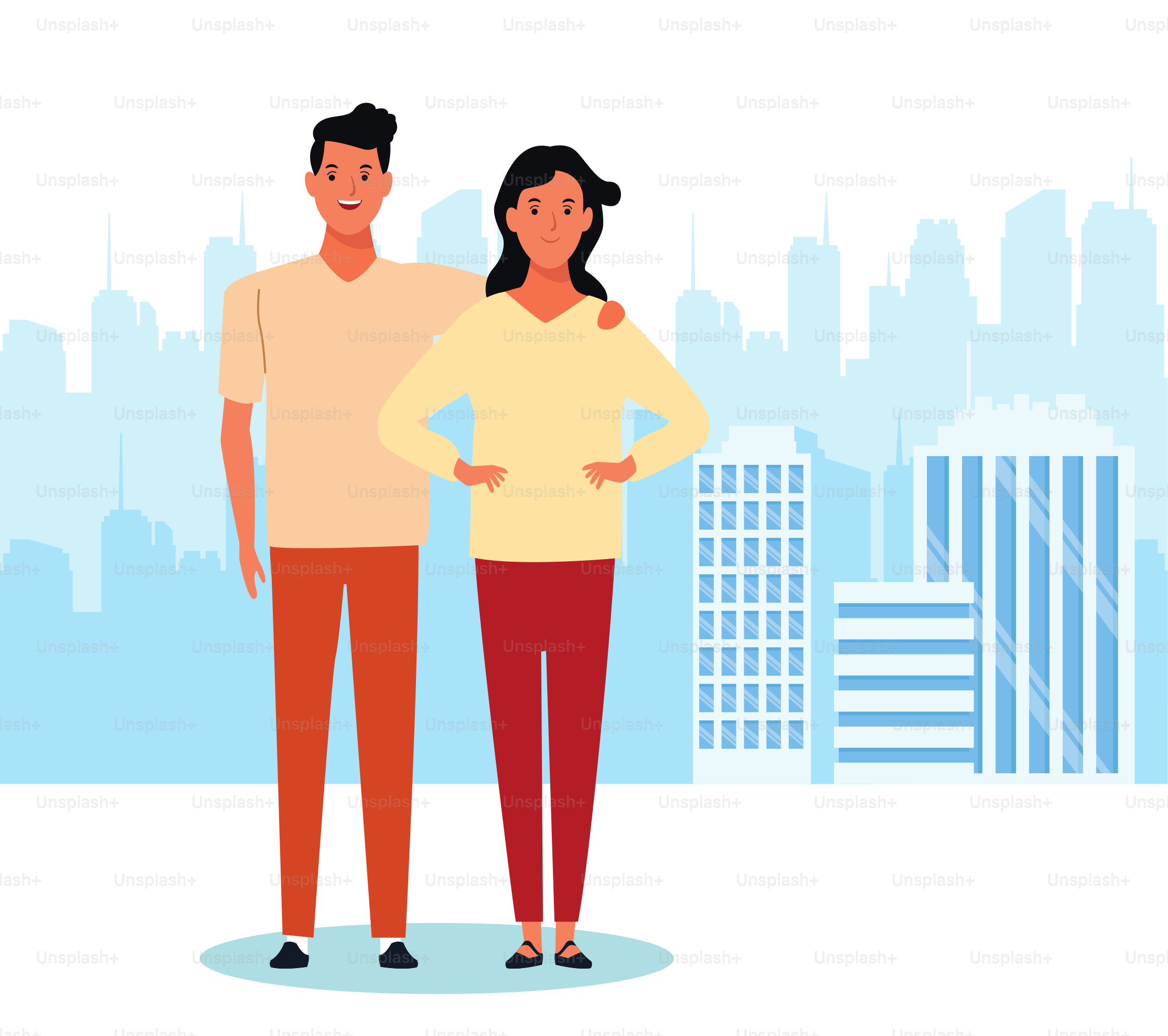 cartoon man and woman standing over urban city landscape background, colorful design. vector illustration