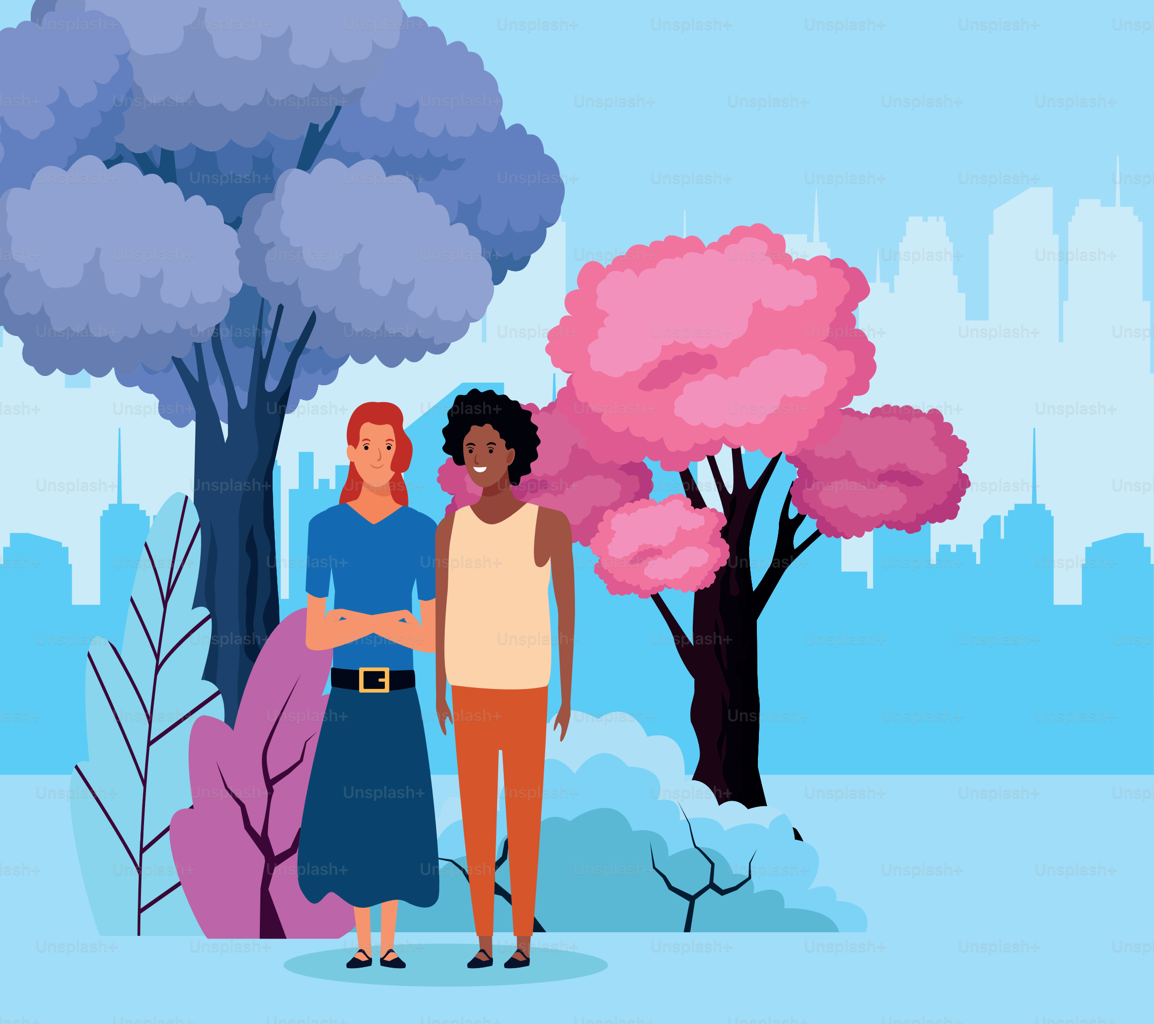Desenho Animado Jovem e Homens em Pé sobre Árvores Coloridas e Paisagem Urbana Urbana, Ilustração Vetorial
