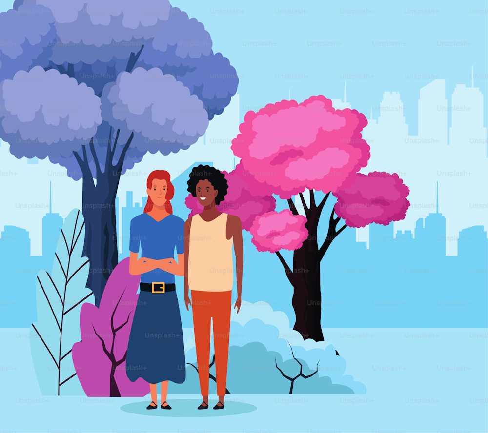 cartoon young woman and men standing over colorful trees and urban city landscape, vector illustration