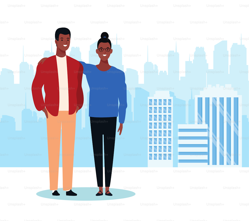 cartoon couple standing over urban city landscape background, colorful design. vector illustration