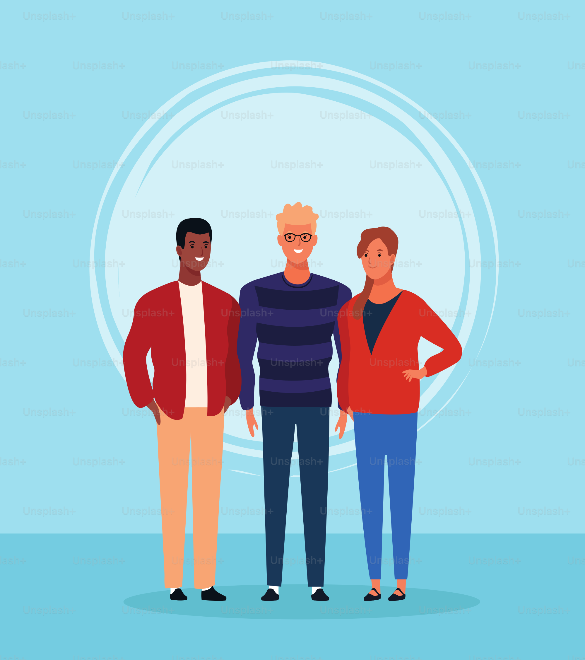 cartoon men and woman standing over blue background, colorful design. vector illustration