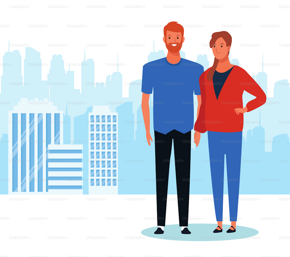 cartoon man and woman standing over urban city landscape background, colorful design. vector illustration