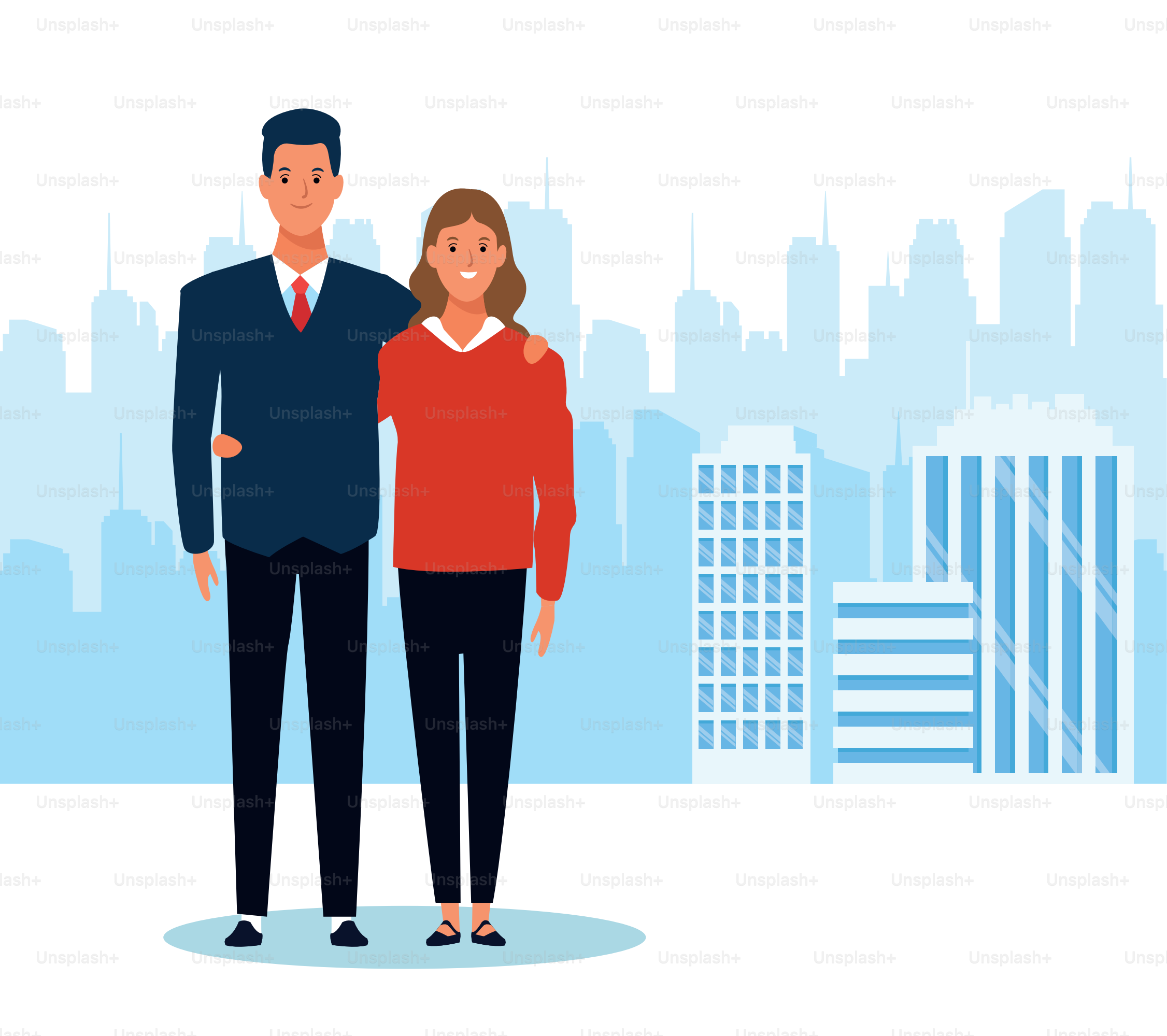 cartoon businessman and his wife standing over urban city landscape and white background, colorful design. vector illustration