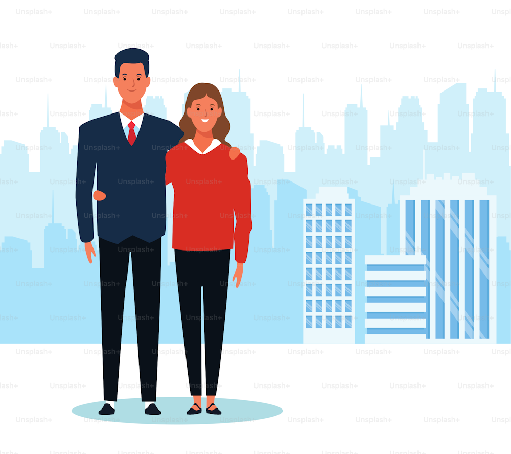 cartoon businessman and his wife standing over urban city landscape and white background, colorful design. vector illustration