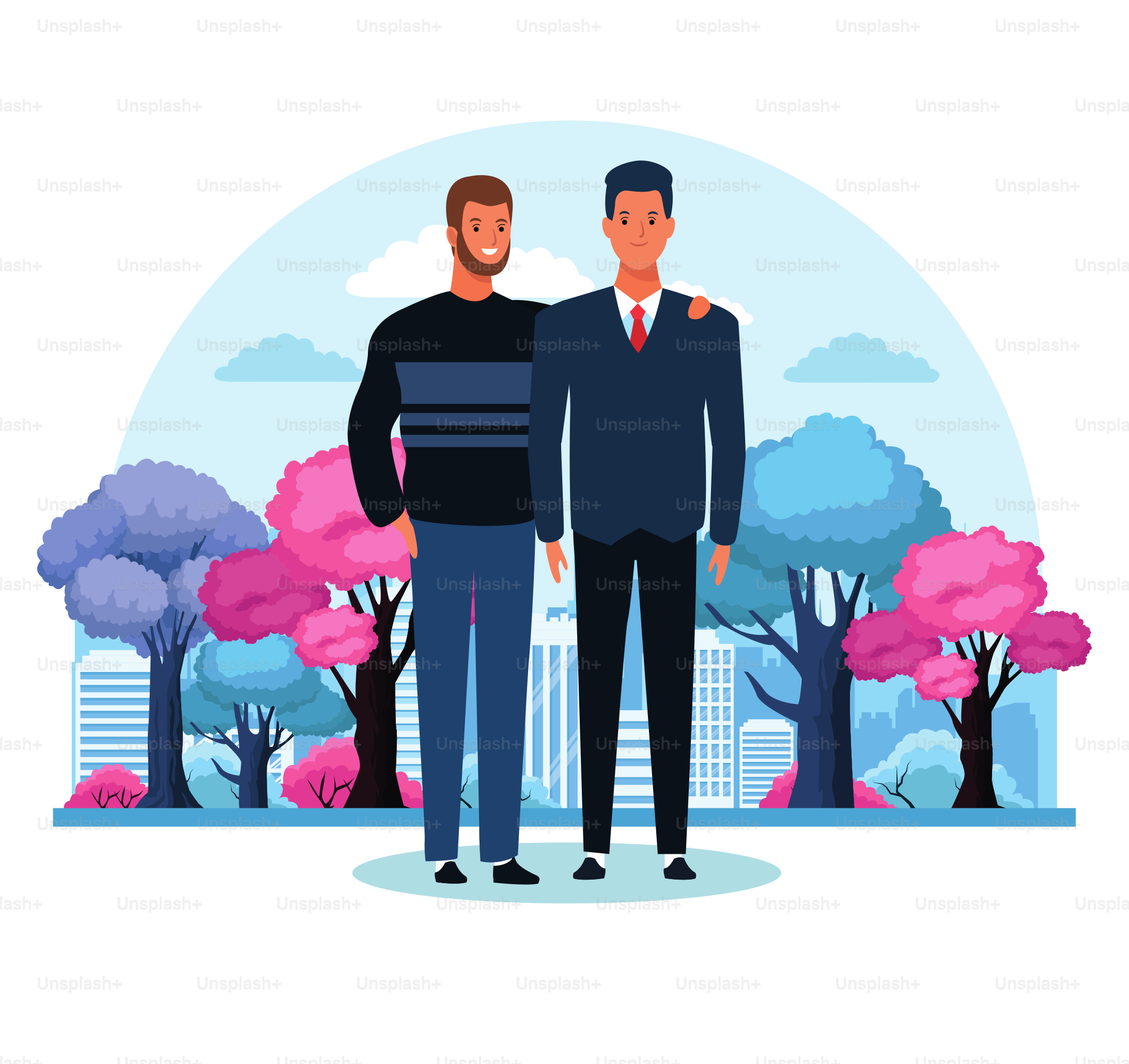 cartoon men standing over colorful trees and white background. vector illustration