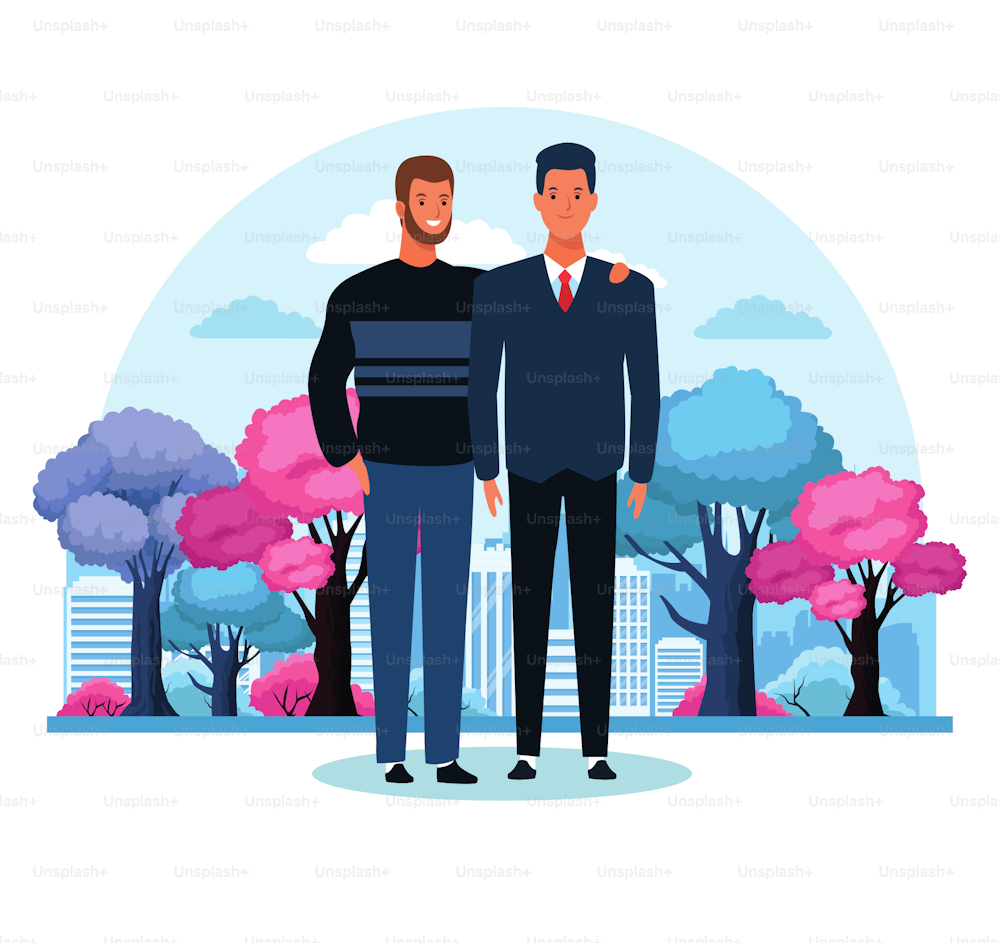 cartoon men standing over colorful trees and white background. vector illustration