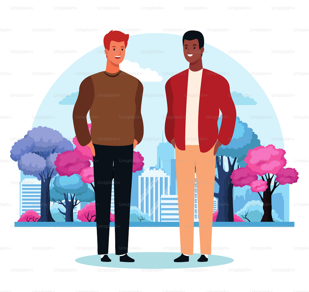 cartoon men standing over colorful trees and white background. vector illustration
