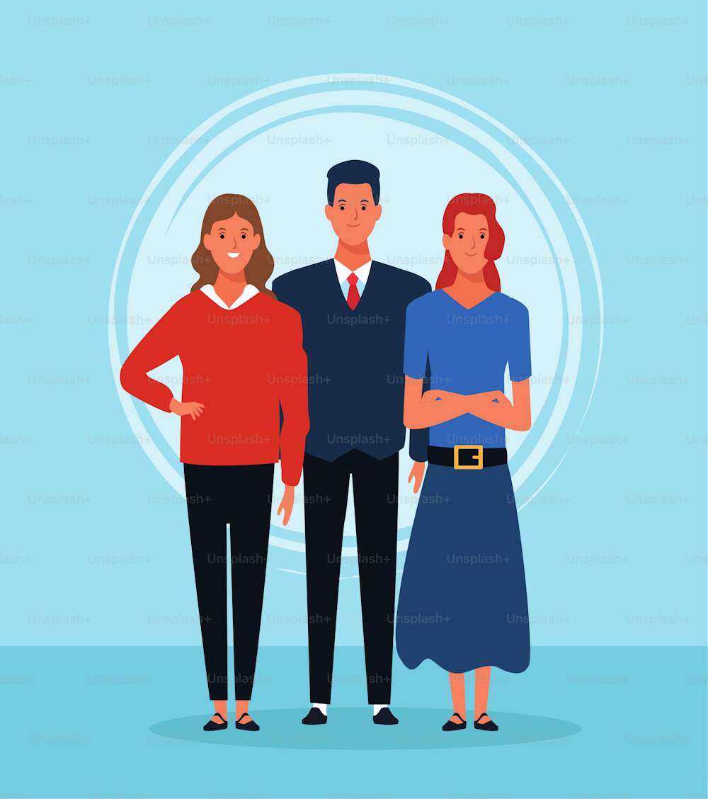 cartoon women and man standing and wearing casual clothes over blue background, colorful desgin. vector illustration