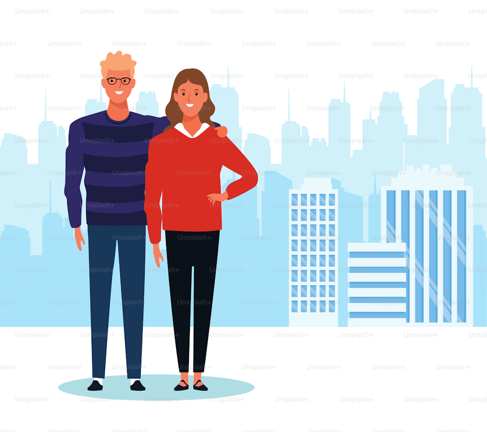 Uomo e donna dei cartoni animati in piedi sullo sfondo del paesaggio urbano della città, design colorato. illustrazione vettoriale
