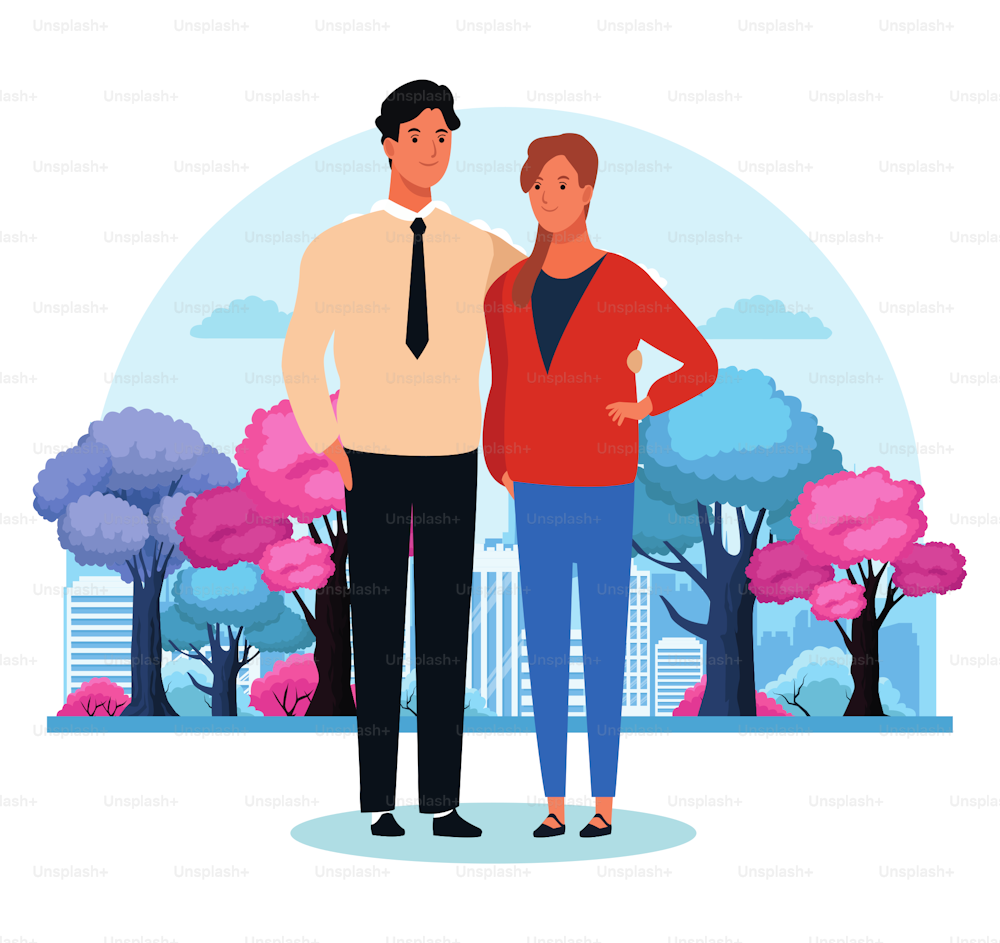 cartoon couple standing over colorful trees and urban city landscape background. vector illustration